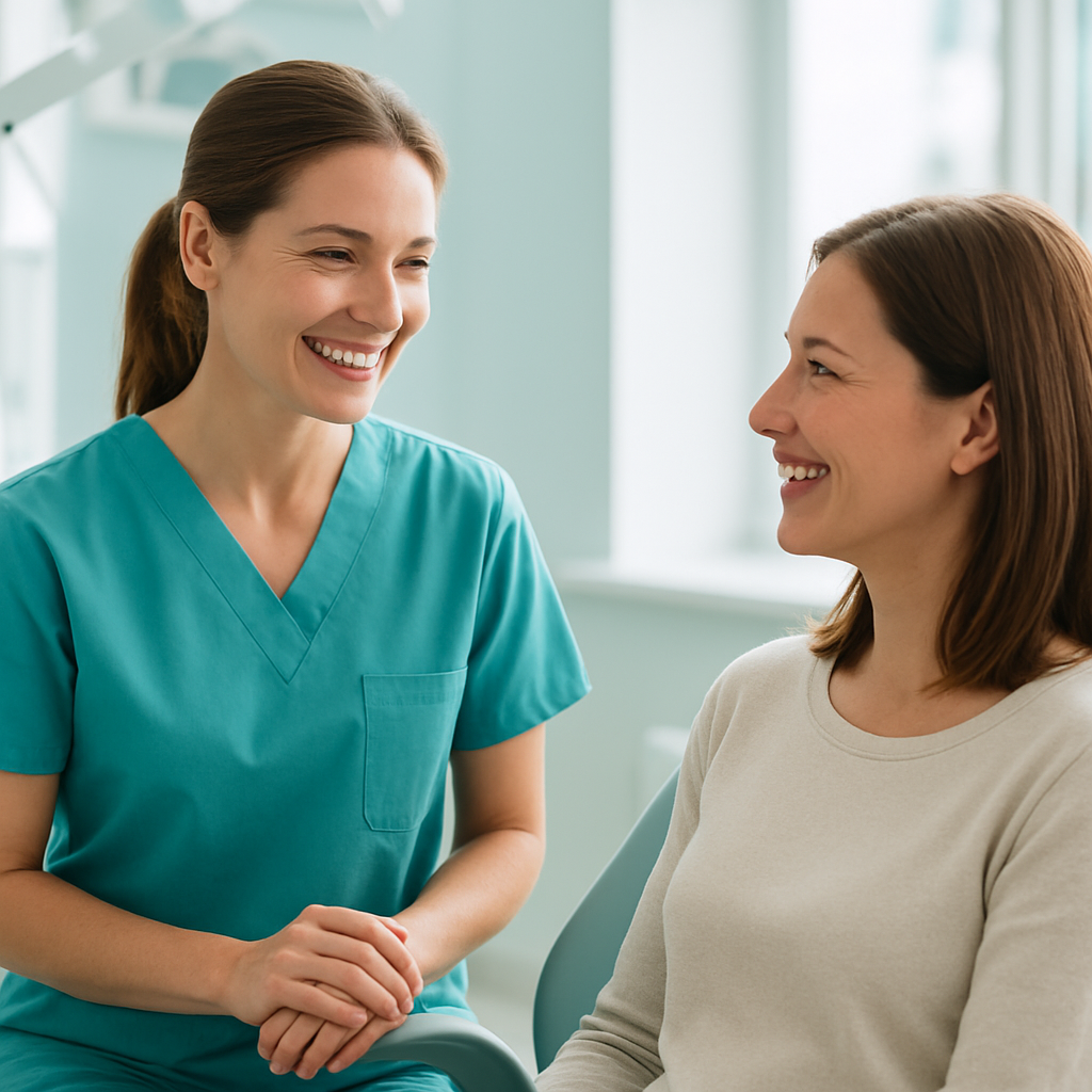 A friendly dentist talking with a smiling patient at Confident Smile Dental